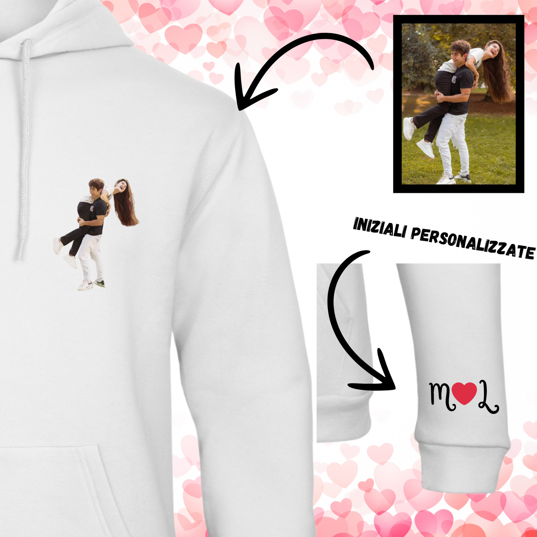 Felpa con Cappuccio "San Valentino" | Foto Personalizzata in Stile Cartoon + Iniziali Personalizzate - immagine 2