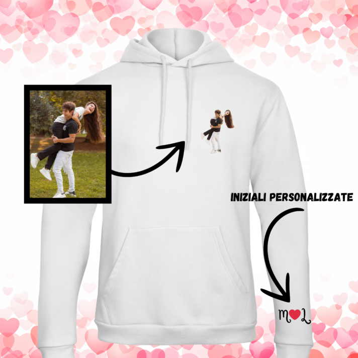Felpa con Cappuccio "San Valentino" | Foto Personalizzata in Stile Cartoon + Iniziali Personalizzate